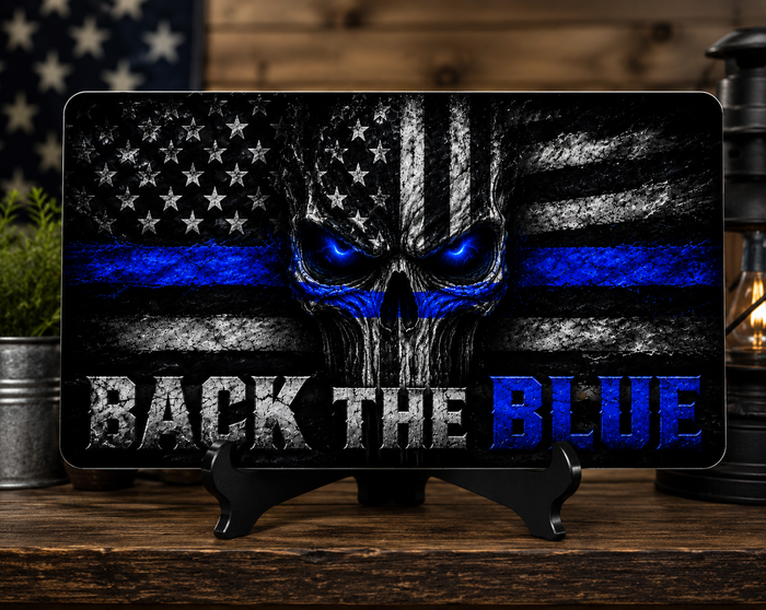Back the blue “Skull Edition” motorcycle vantiy license plate